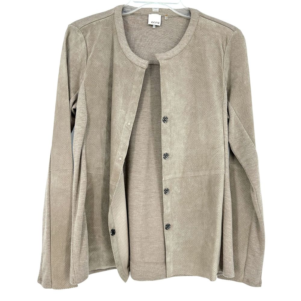 Ecru Sweater Women Size S Cardigan Suede Front Knit Snap Front